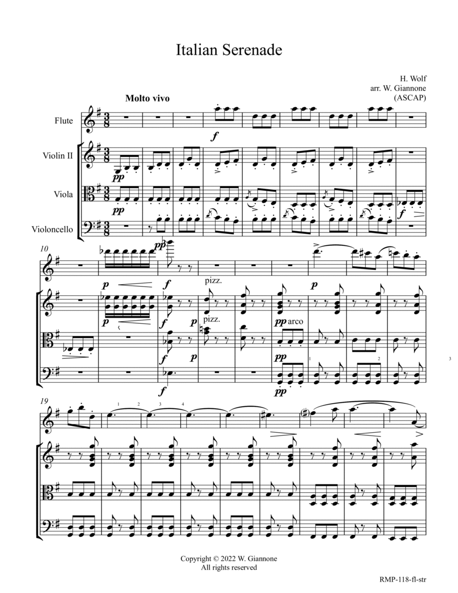Wolf - Italian Serenade (for flute with strings (Vn., Vl., Vc.)) Small Ensemble scores gallery preview page 1