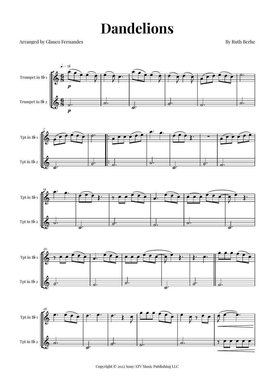 Dandelions Trumpet Duet scores gallery preview page 1