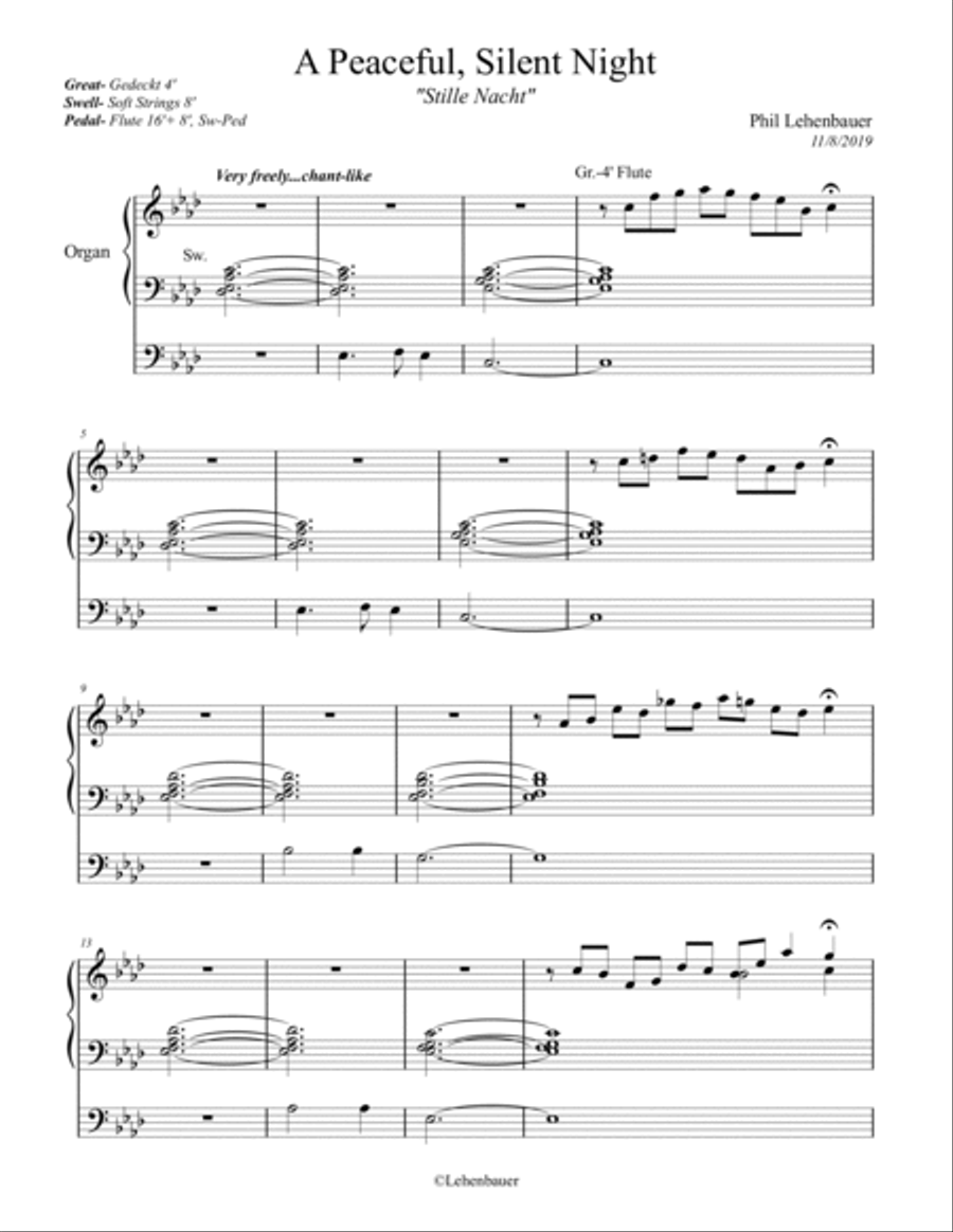 A Peaceful, Silent Night (Stille Nacht) organ work, by Phil Lehenbauer Organ Solo scores gallery preview page 2