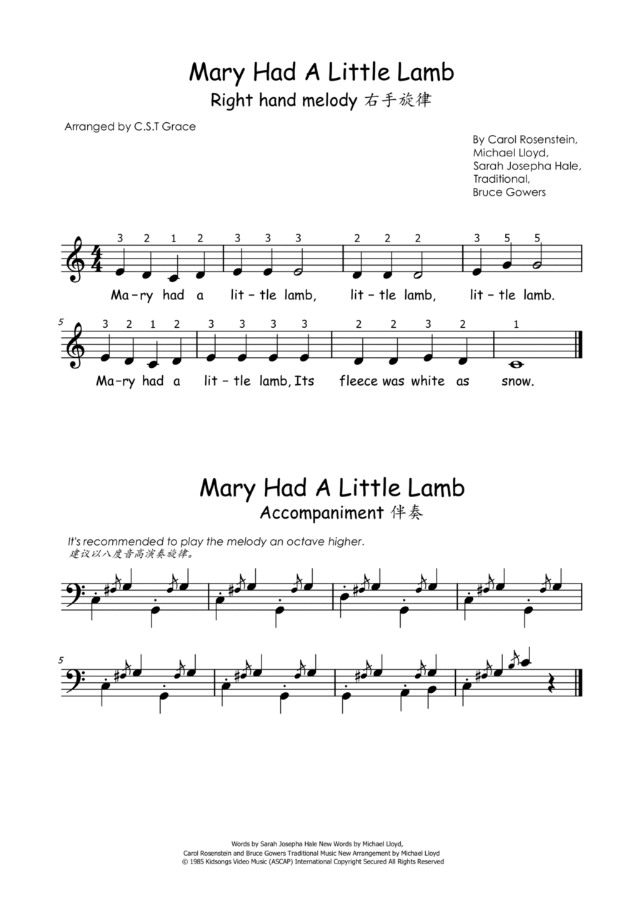 Mary Had A Little Lamb Piano, Vocal, Guitar scores gallery preview page 1