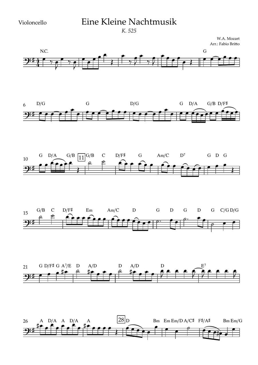 Eine kleine Nachtmusik (W.A. Mozart) for Cello Solo with Chords (Simplified)