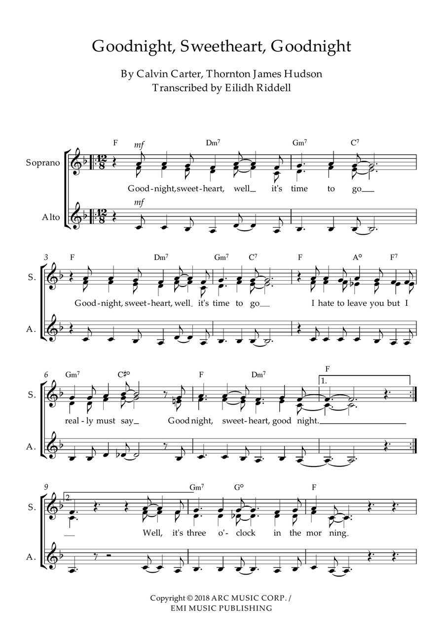 Goodnight, Sweetheart, Goodnight (goodnight, It's Time To Go) SSA scores gallery preview page 1