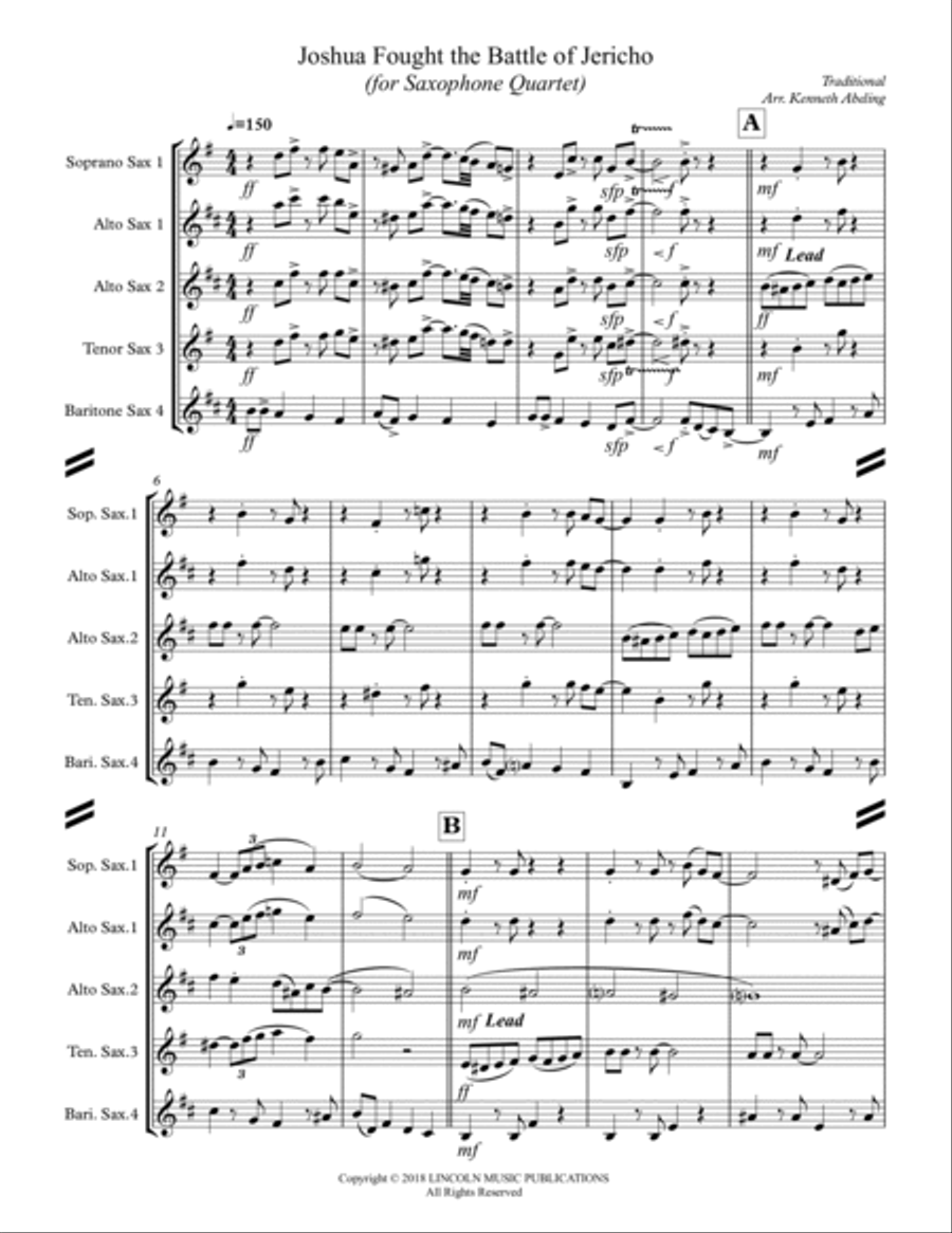 Joshua Fought the Battle of Jericho (for Saxophone Quartet SATB or AATB) Saxophone Quartet scores gallery preview page 2
