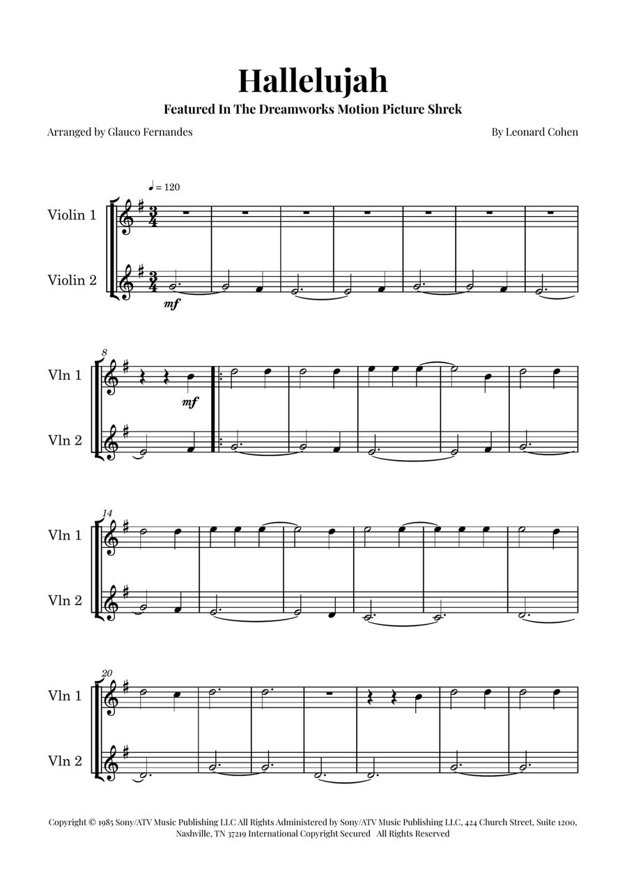 Hallelujah String Duet scores gallery preview page 1