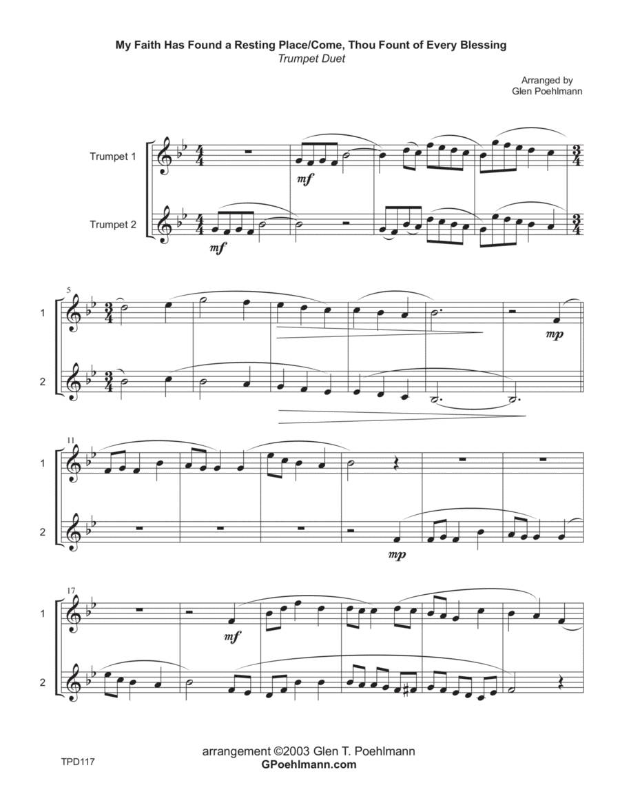 MY FAITH HAS FOUND A RESTING PLACE/COME THOU FOUNT OF EVERY BLESSING - TRUMPET DUET (unaccompanied) Trumpet Duet scores gallery preview page 1