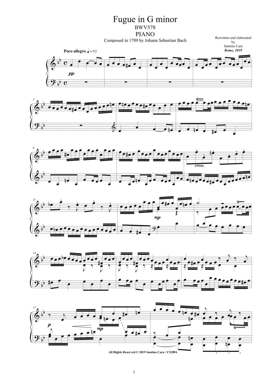 Bach - Fugue in G minor BWV 578 for Piano Piano Solo scores gallery preview page 1