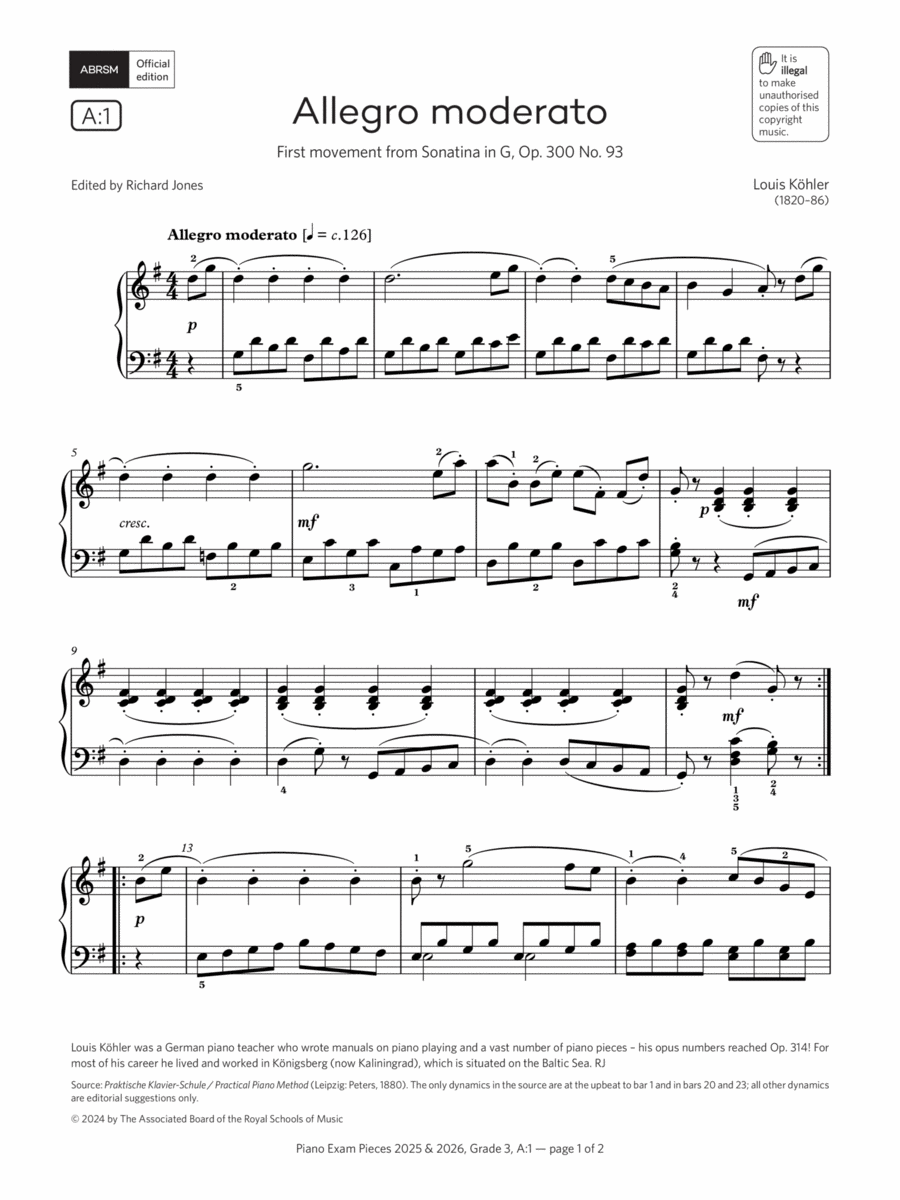 Allegro moderato (Grade 3, list A1, from the ABRSM Piano Syllabus 2025 & 2026) Piano Method scores gallery preview page 1