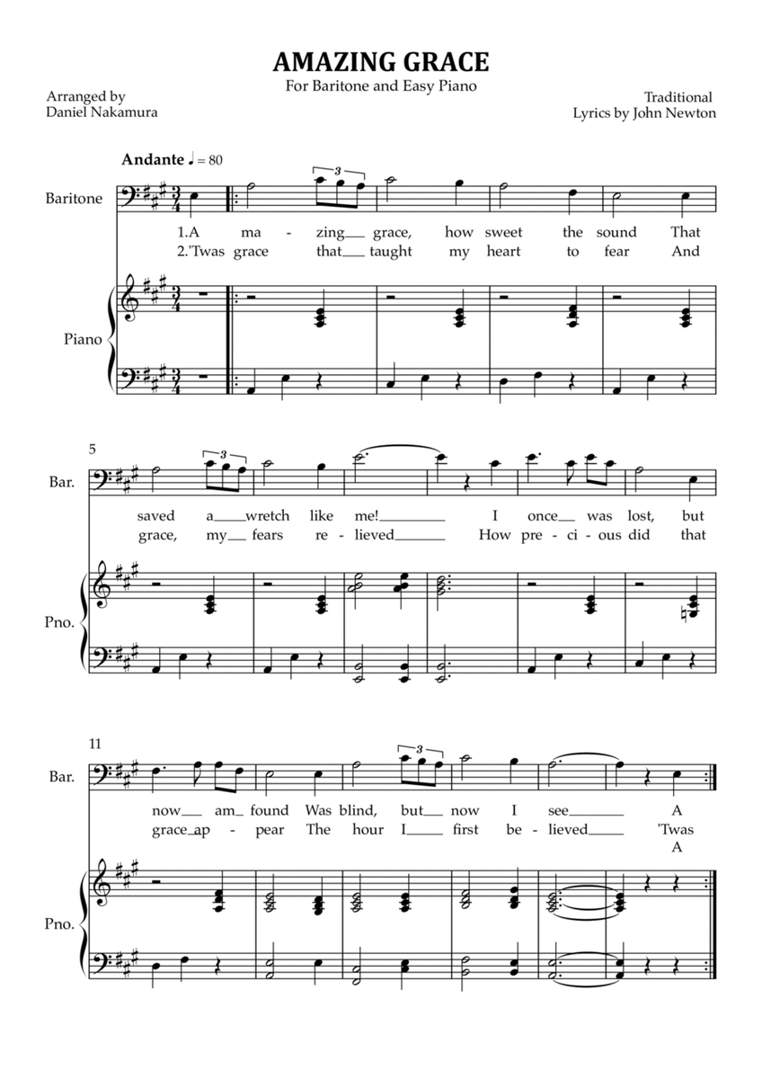 Amazing Grace (for baritone vocal with easy piano) image number null