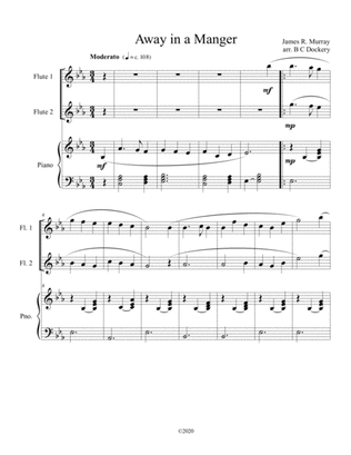 Book cover for Away in a Manger (flute duet) with optional piano accompaniment