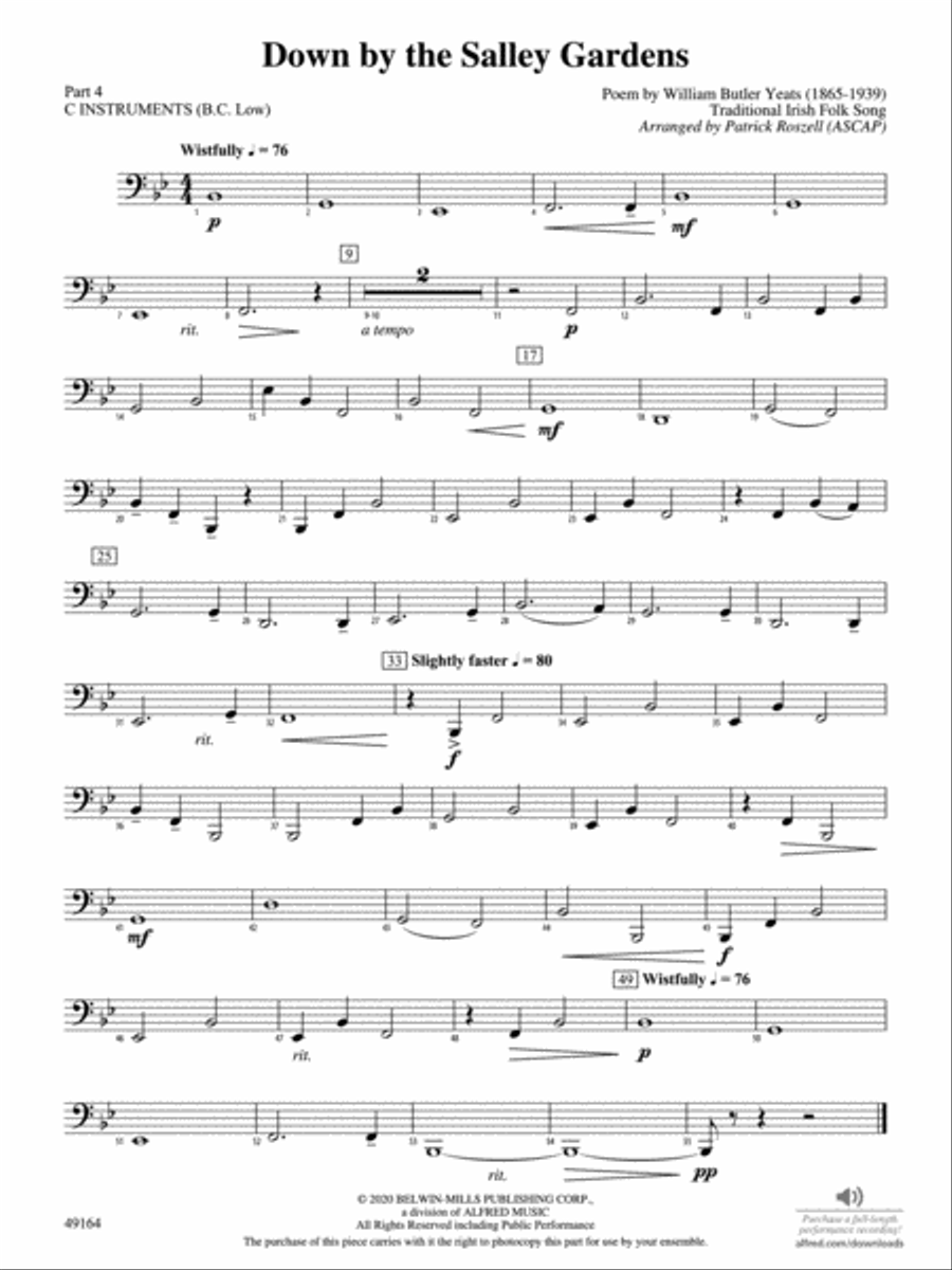 Down by the Salley Gardens: Part 4 - C Instruments (B.C. Low) Concert Band scores gallery preview page 1