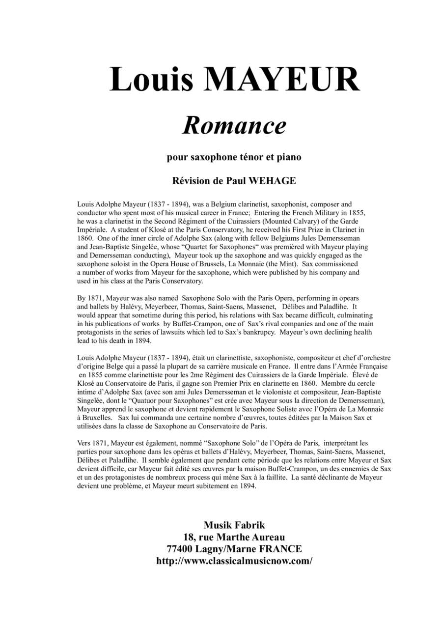 Book cover for Louis Mayeur : Romance for tenor saxophone and piano