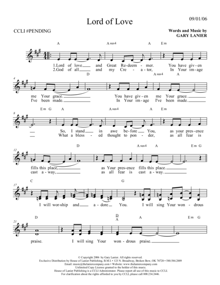 LORD OF LOVE (Lead Sheet with mel, lyrics and chords) image number null