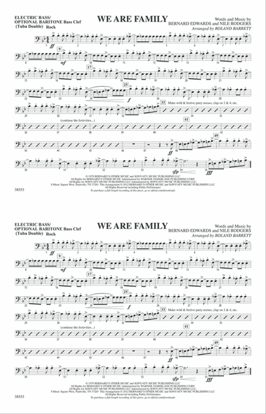 We Are Family: Electric Bass Marching Band scores gallery preview page 1