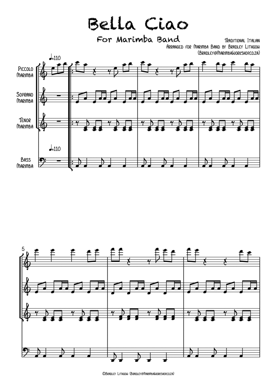 Bella Ciao for Marimba Band (Diatonic in C) Percussion Ensemble scores gallery preview page 1