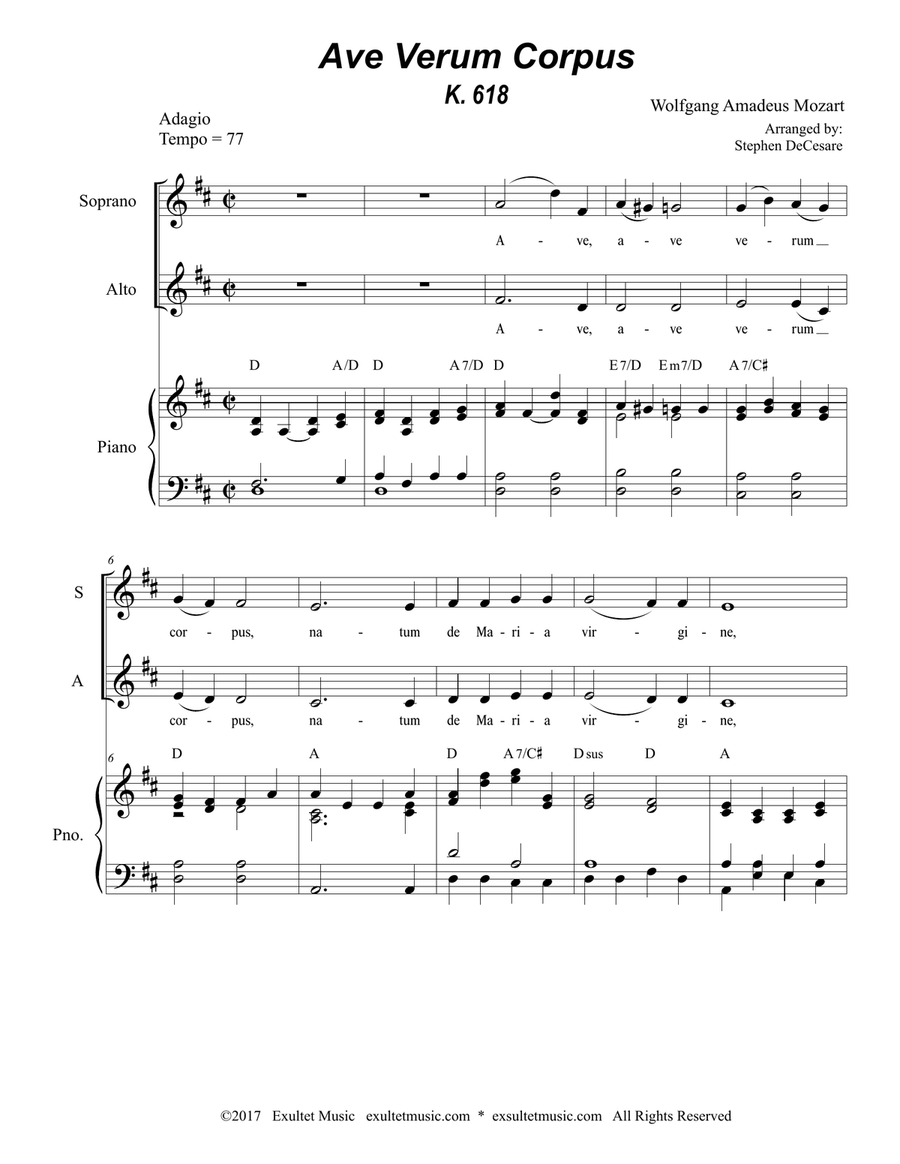 Ave Verum Corpus (2-part choir (SA) - Piano Accompaniment) SA scores gallery preview page 1