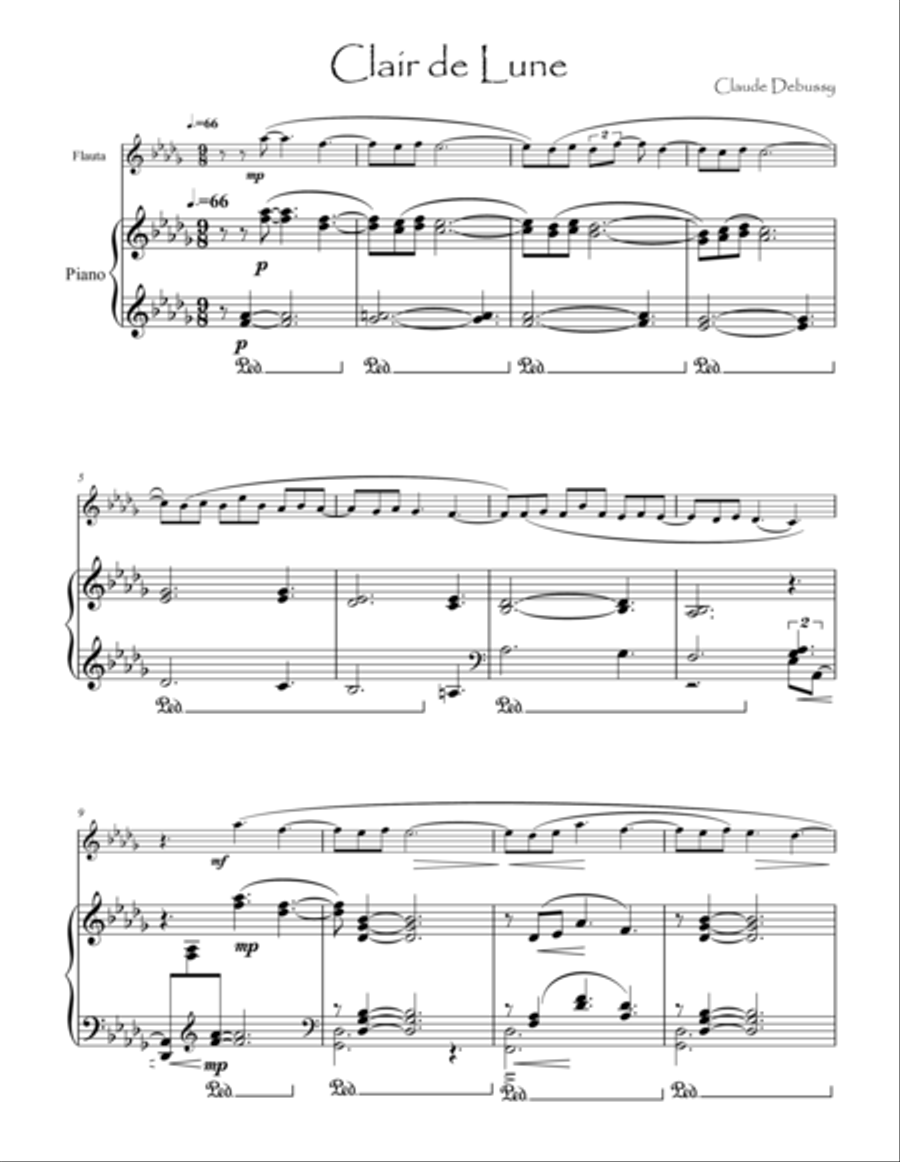 Debussy Clair de lune for flute & piano Flute Solo scores gallery preview page 1