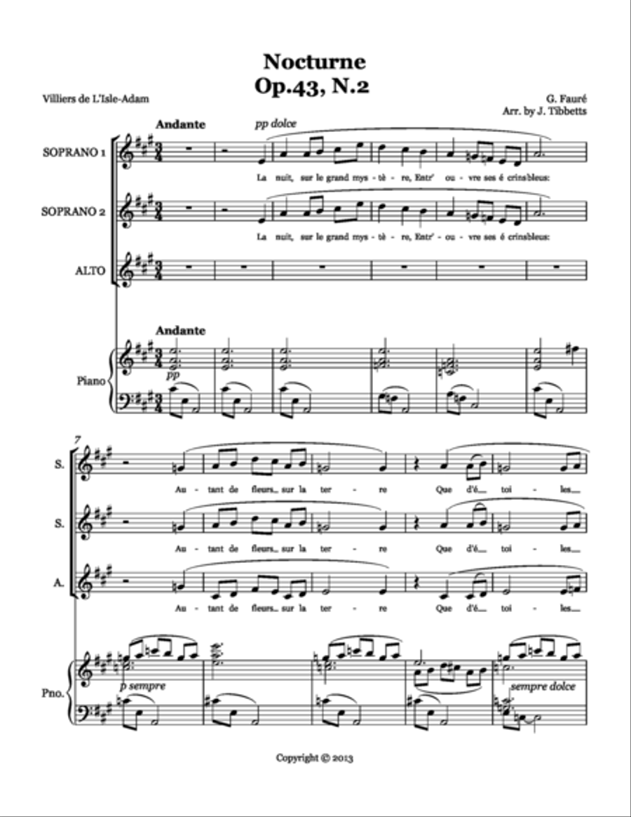 Nocturne SSA Fauré, arr. Jennifer R. Tibbetts