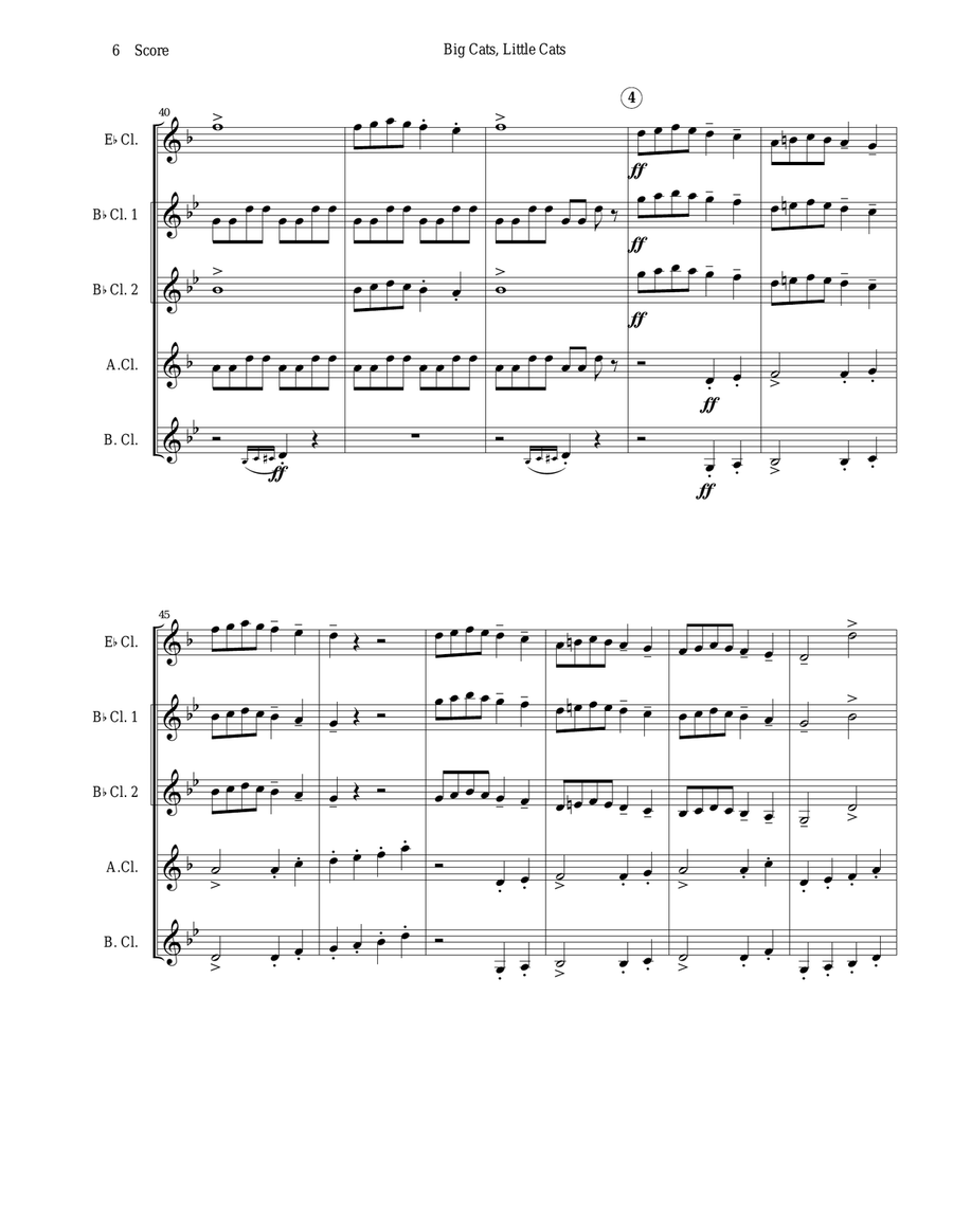 Clarinet Quintet or choir - Big Cats, Little Cats Clarinet Quintet scores gallery preview page 6
