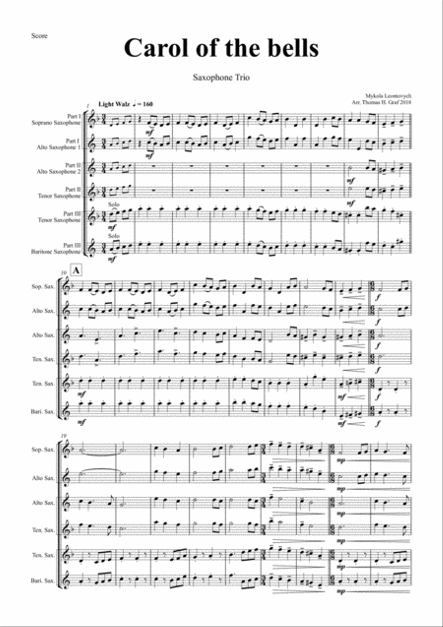 Carol of the Bells - Pentatonix style - Saxophone Trio Woodwind Trio scores gallery preview page 1
