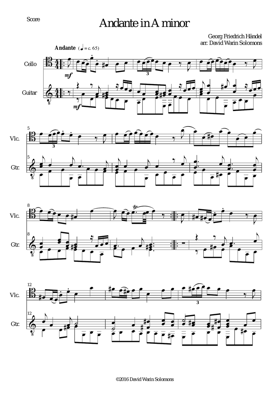 Andante by Georg Friedrich Händel for cello and guitar String Duet scores gallery preview page 1