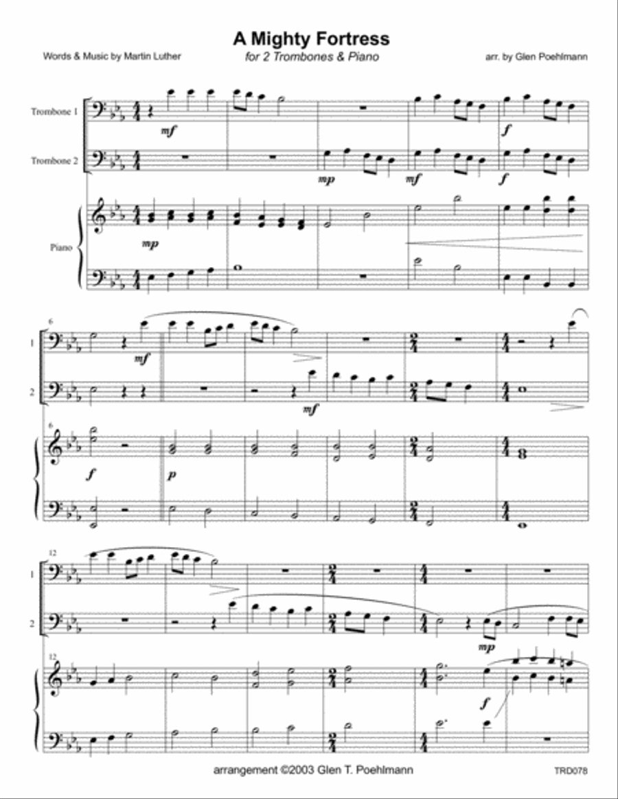 A MIGHTY FORTRESS - TROMBONE Duet with Piano Accompaniment (grade 2+) Brass Duet scores gallery preview page 1