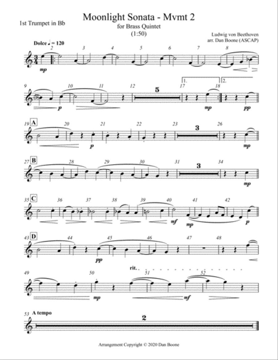 Moonlight Sonata, 2nd Movement (in Bb Major) for Brass Quintet Brass Quintet scores gallery preview page 5