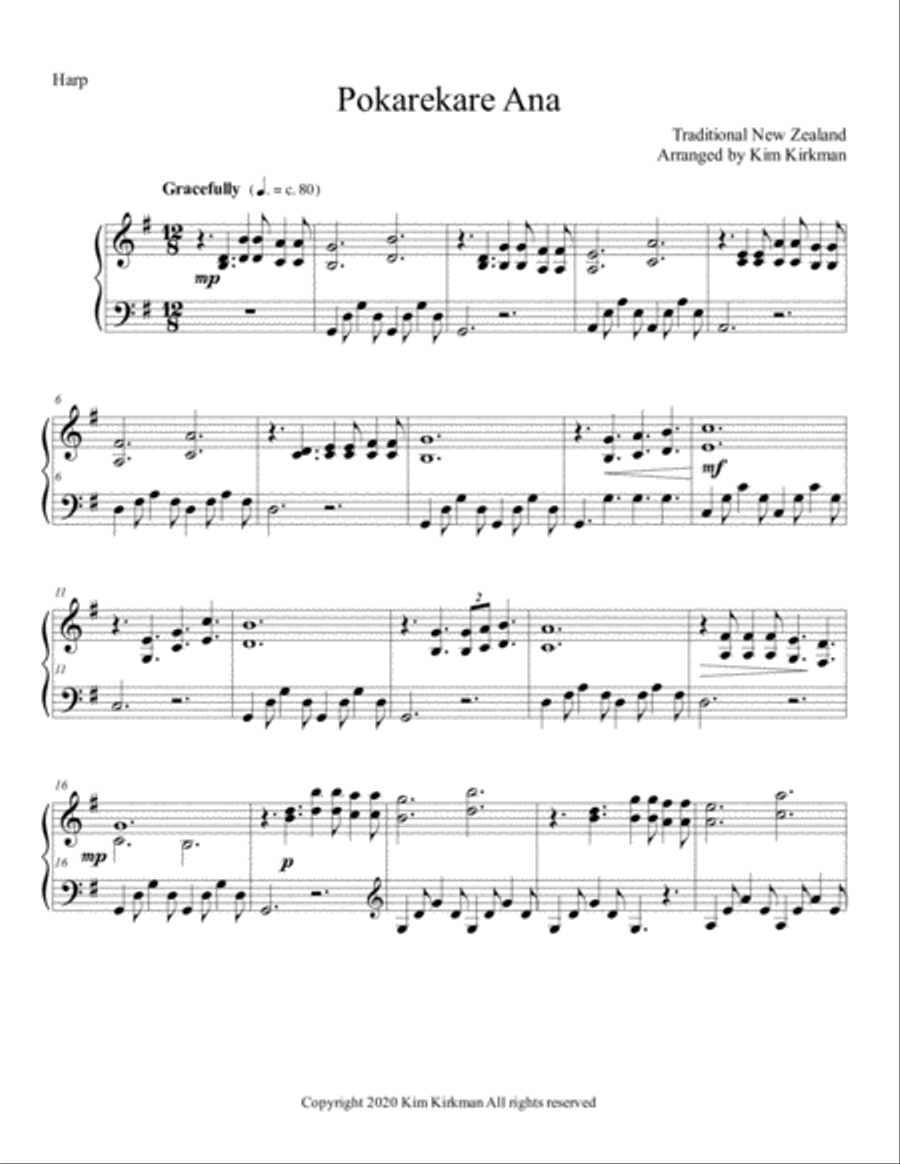 Pokarekare Ana for solo harp in G (1 sharp) Harp scores gallery preview page 1