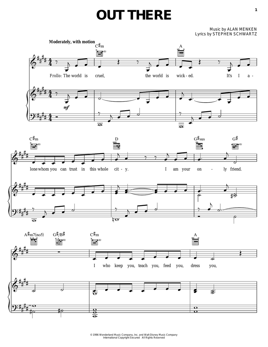 Out There (from Disney's The Hunchback of Notre Dame) Piano, Vocal, Guitar scores gallery preview page 1