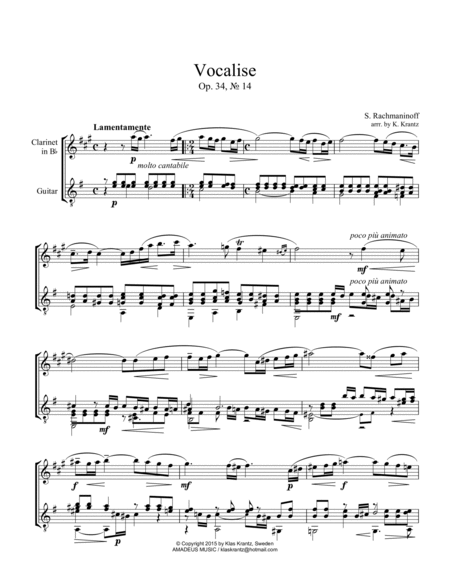 Vocalise Op. 34 for clarinet/sax in Bb and guitar image number null