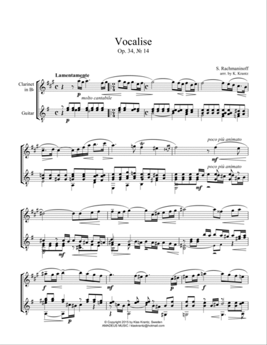 Vocalise Op. 34 for clarinet/sax in Bb and guitar Vocalise Op. 34 for clarinet/sax in Bb and guitar Saxophone scores gallery preview page 2
