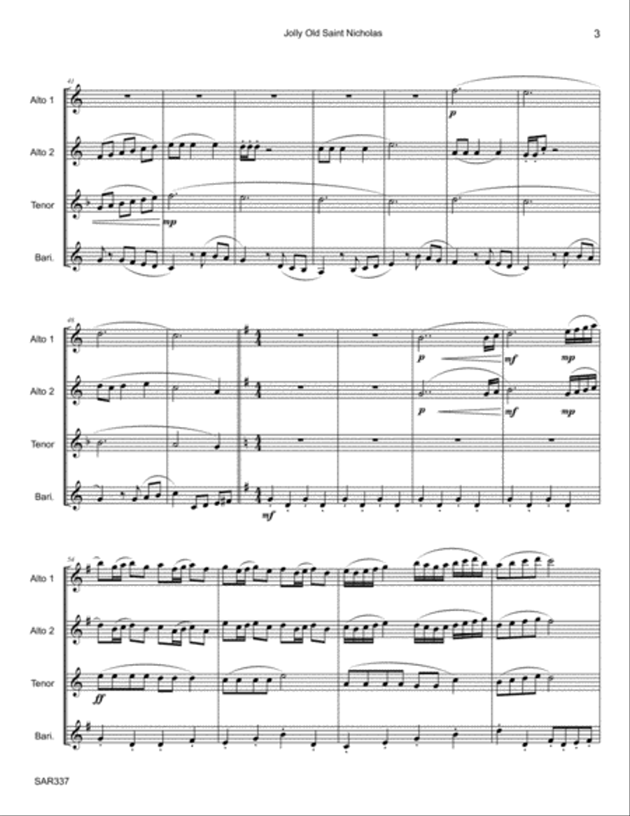 JOLLY OLD SAINT NICHOLAS for unaccompanied SAXOPHONE QUARTET (SATB or AATB) Saxophone Quartet scores gallery preview page 3