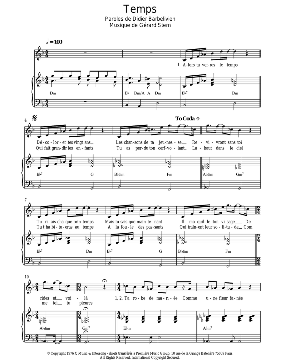 Temps Temps Piano, Vocal scores gallery preview page 1