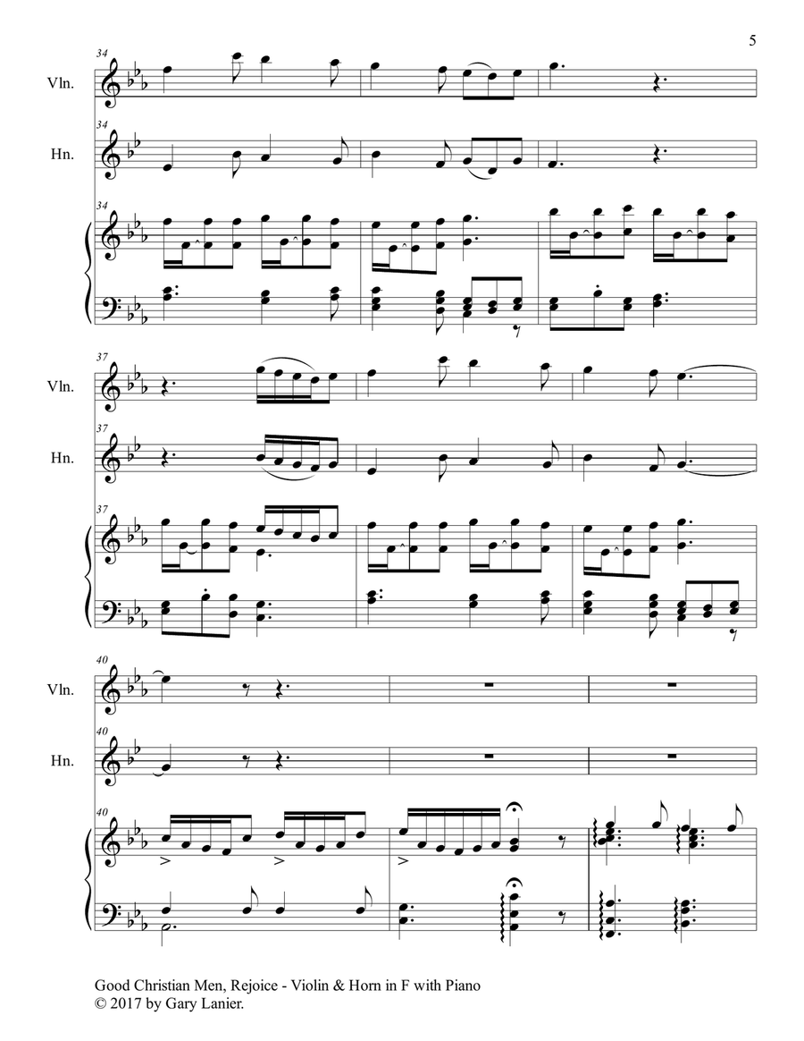 GOOD CHRISTIAN MEN, REJOICE (Violin, Horn in F with Piano & Score/Parts) Violin scores gallery preview page 6