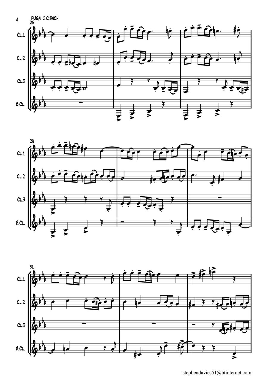 'Fuga' from '6 Sonatas For Piano' by Johann Christian Bach for Clarinet Quartet. image number null