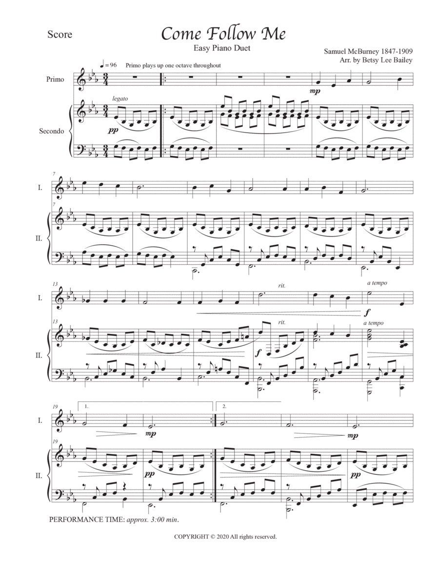 Come Follow Me Easy Piano Duet for Teacher and Student Piano Method scores gallery preview page 1