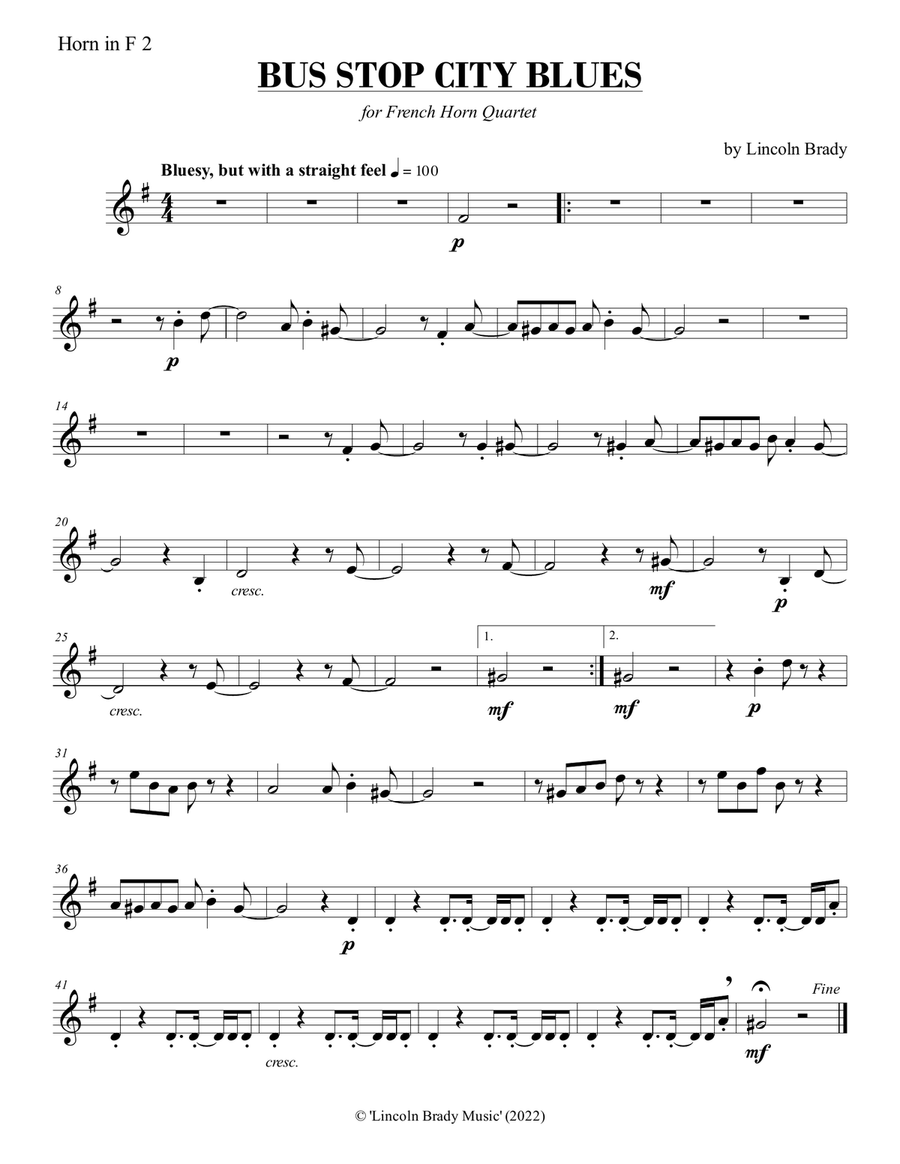 BUS STOP CITY BLUES - French Horn Quartet Brass Quartet scores gallery preview page 6