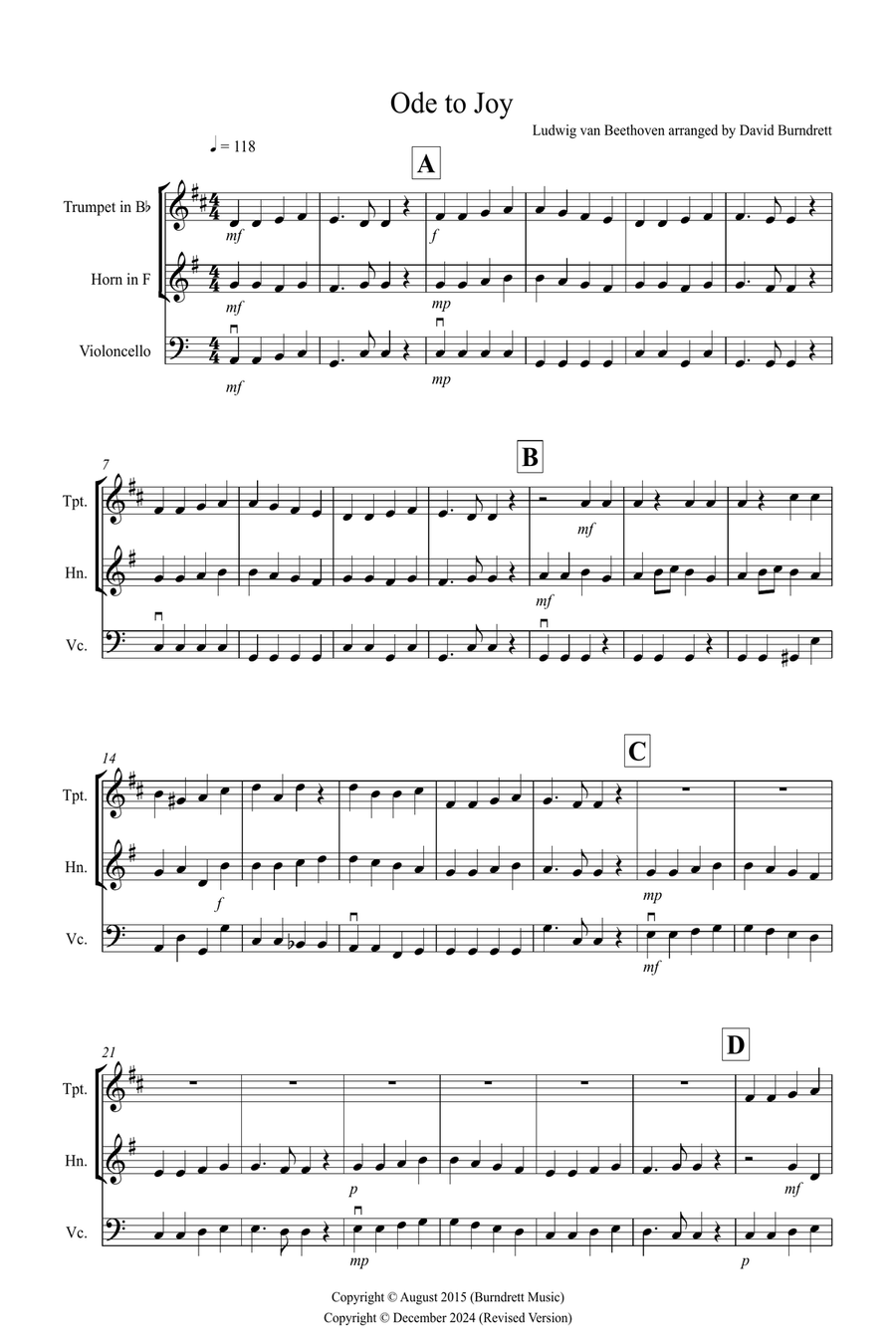 Ode to Joy for Trumpet, Horn and Cello Trio Small Ensemble scores gallery preview page 1