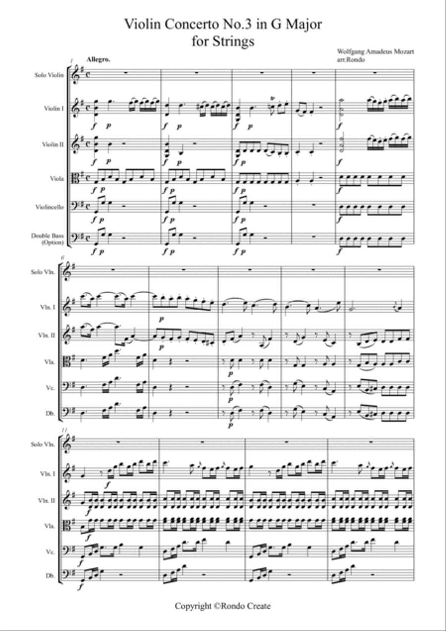 W.A.Mozart - Violin Concerto No.3 in G Major with String Quartet or String Orchestra String Quartet scores gallery preview page 2