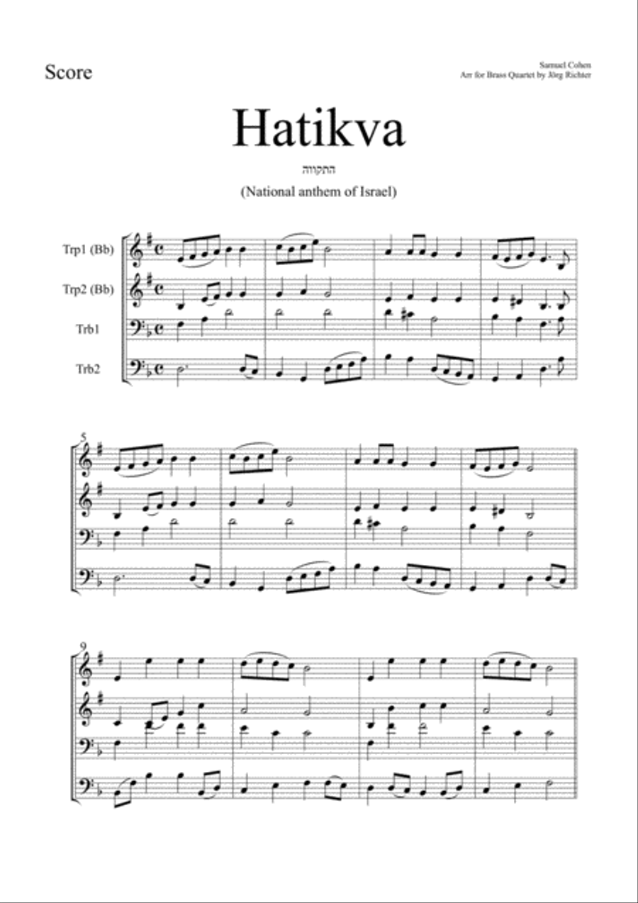 Hatikva (National Anthem of Israel) for Brass Quartet Brass Quartet scores gallery preview page 2