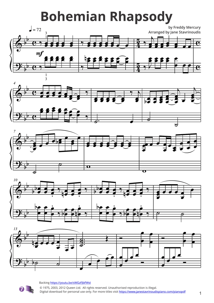 Bohemian Rhapsody Piano Solo scores gallery preview page 1