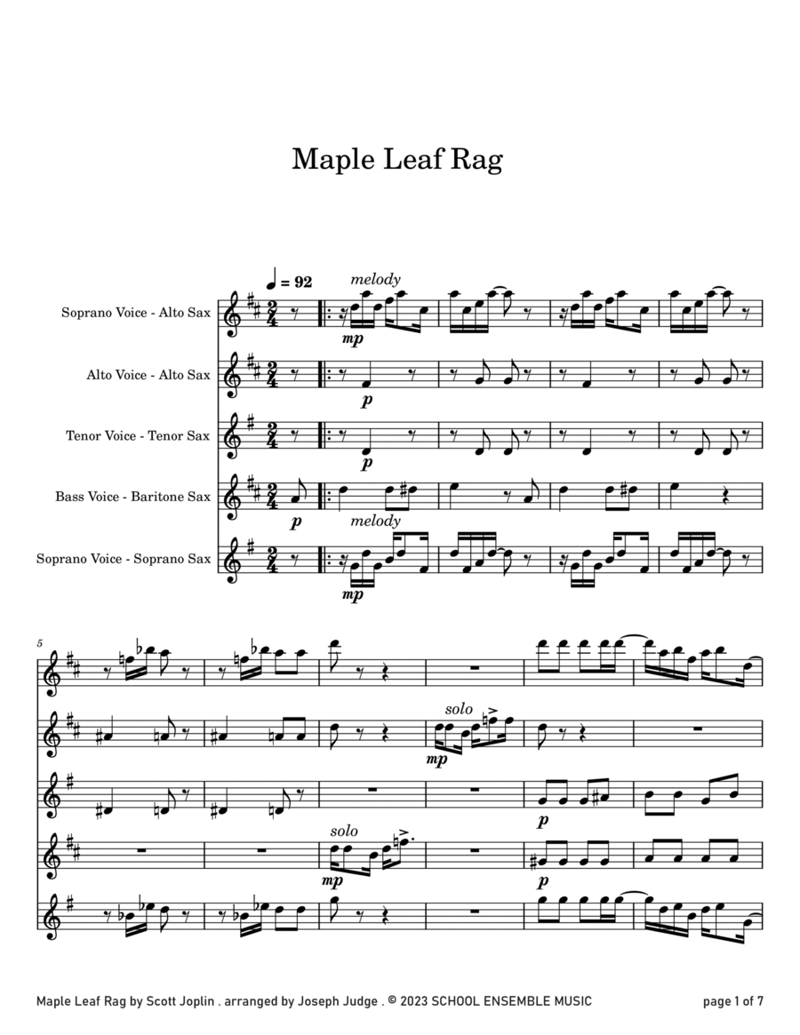 Maple Leaf Rag by Scott Joplin for Saxophone Quartet in Schools Saxophone Quartet scores gallery preview page 1