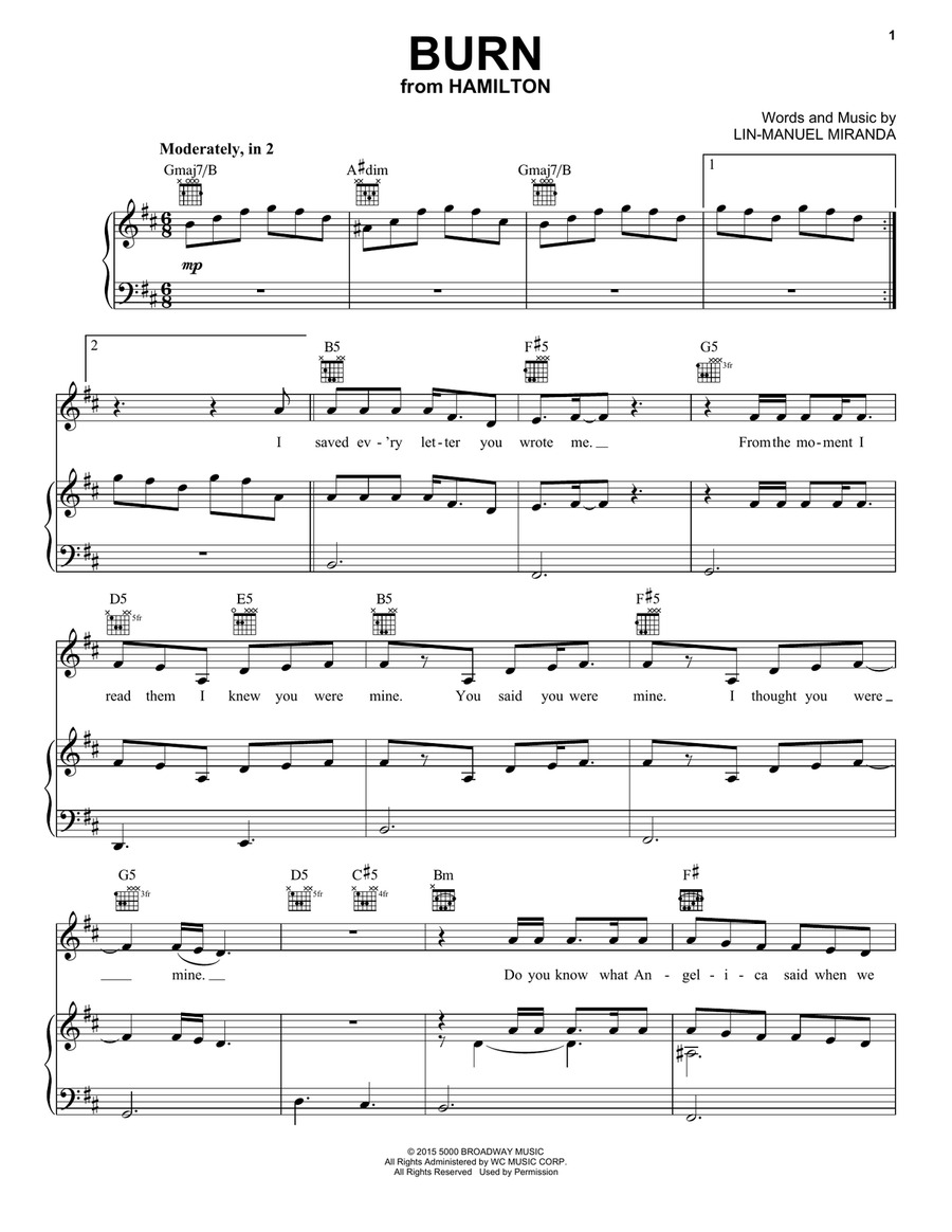 Burn (from Hamilton) Piano, Vocal, Guitar scores gallery preview page 1