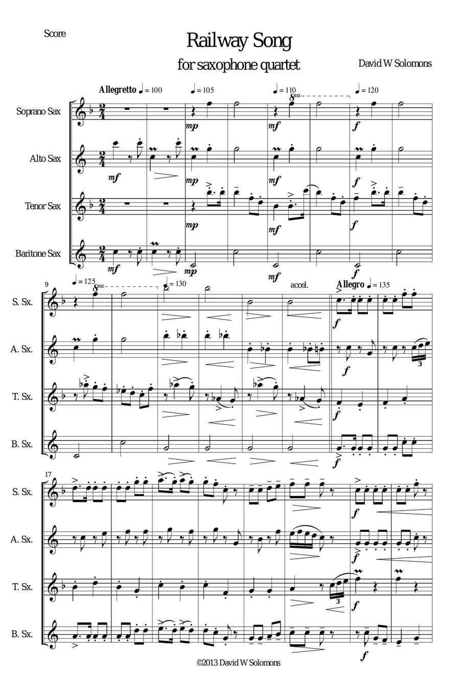 Railway Song (Auf de schwäb'sche Eisebahne) for saxophone quartet Saxophone Quartet scores gallery preview page 1