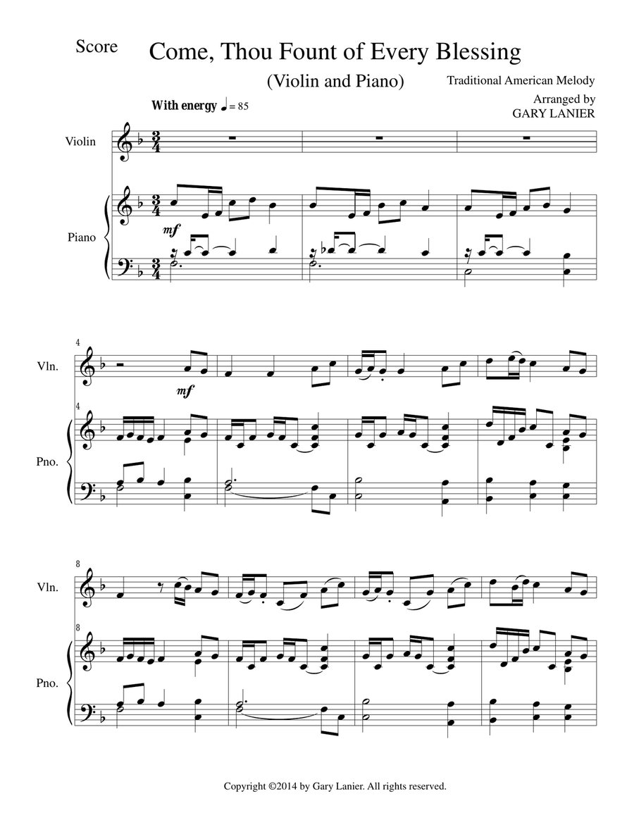 COME, THOU FOUNT OF EVERY BLESSING (Violin/Piano and Violin Part) Violin Solo scores gallery preview page 1