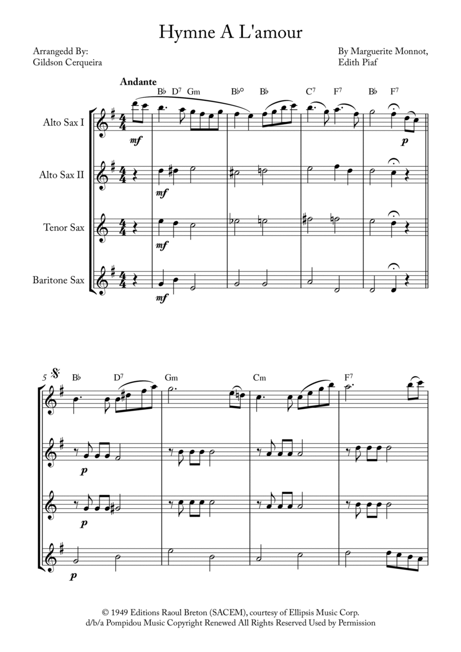 Hymne A L'amour Saxophone Quartet scores gallery preview page 1