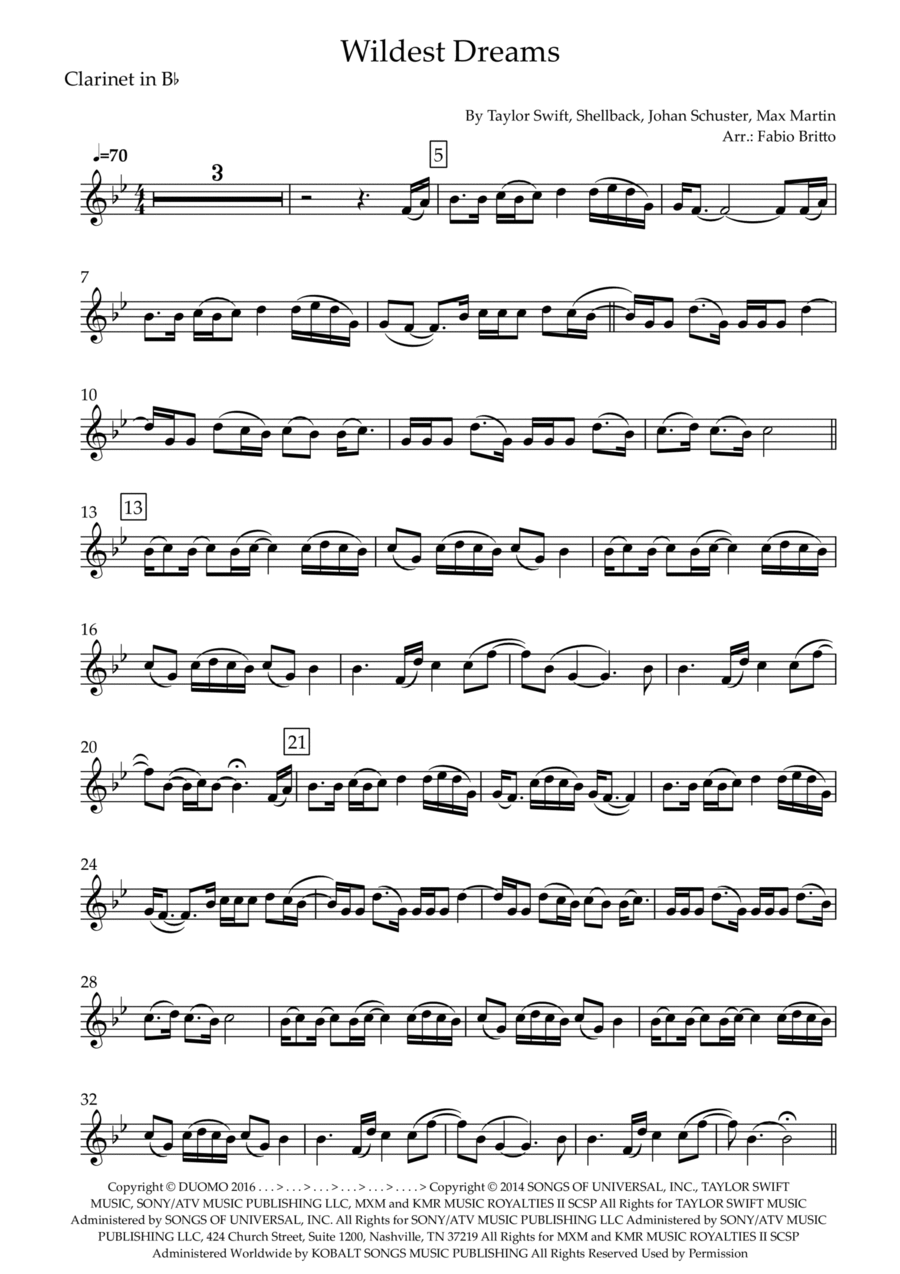 Wildest Dreams B-Flat Clarinet scores gallery preview page 1