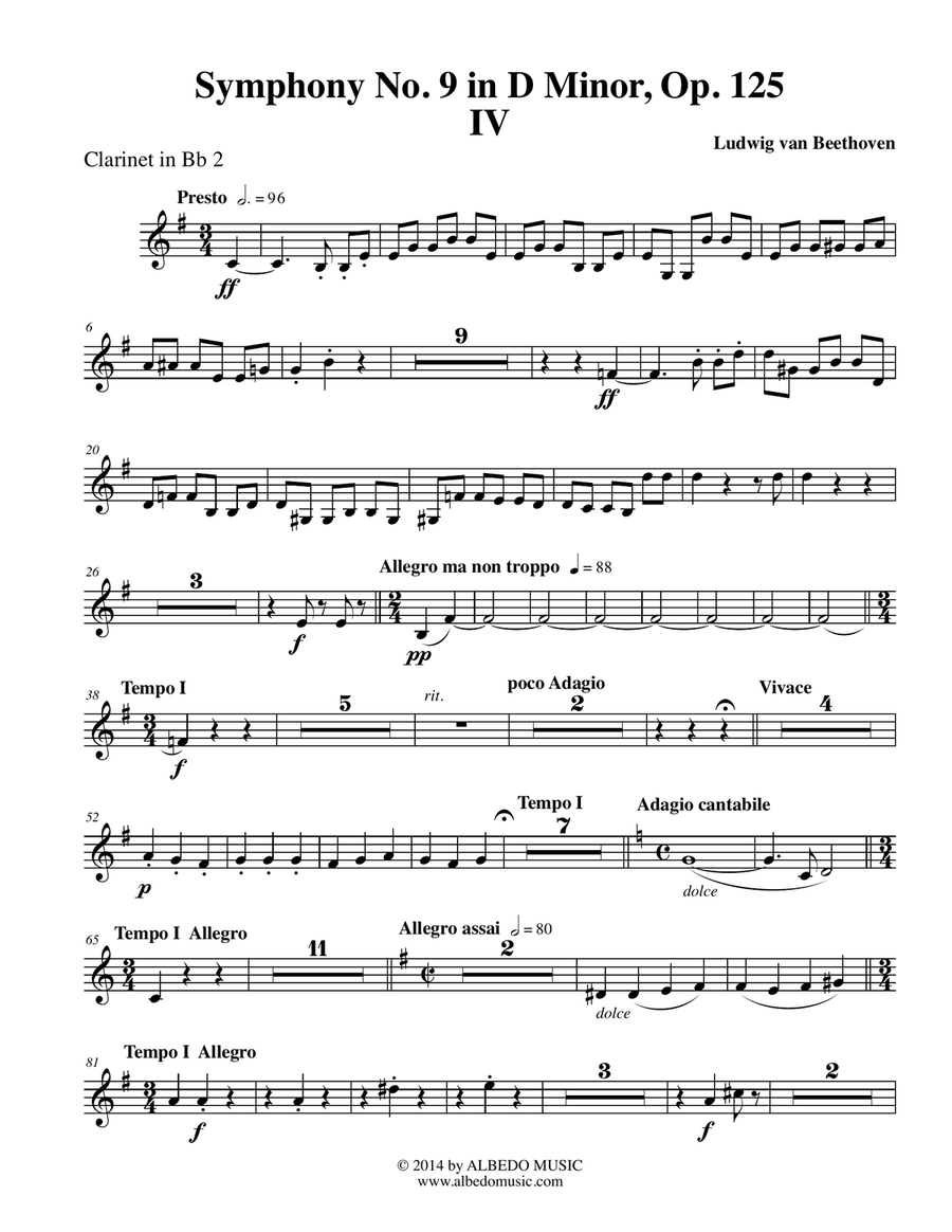 Beethoven Symphony No. 9, Movement IV - Clarinet in Bb 2 (Transposed Part), Op. 125 B-Flat Clarinet scores gallery preview page 1