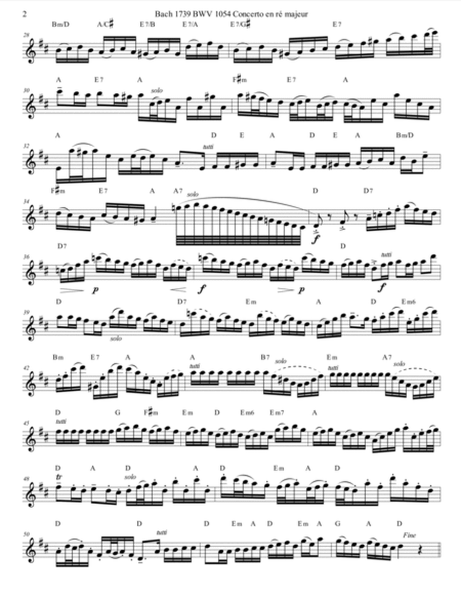 Bach 1739 BWV 1054 Concerto en ré majeur For Solo Unaccompanied Flute Key of D