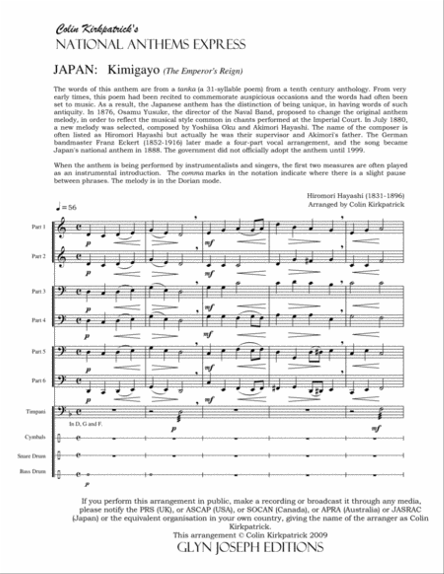 Japan National Anthem: Kimigayo (The Emperor's Reign) Large Ensemble scores gallery preview page 4