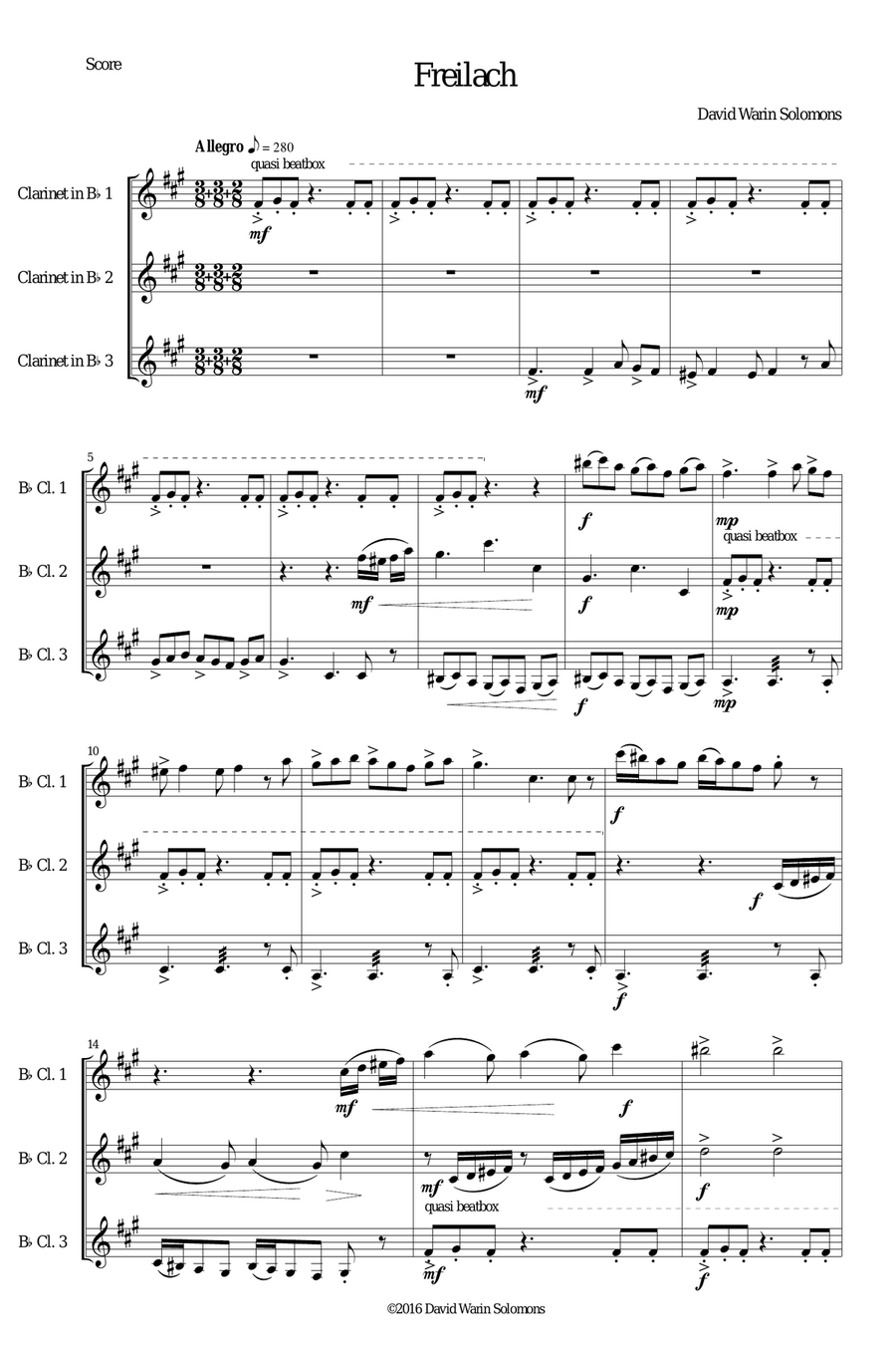 Freilach (Fraylach) for clarinet trio (3 B flats) Clarinet Trio scores gallery preview page 1